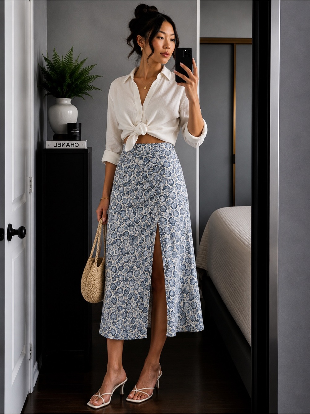 REFORMATION BLUE FLORAL RUCHED MIDI SKIRT - Picture 7 of 7